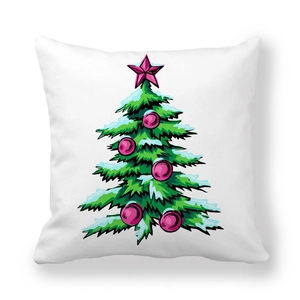 Detail of Christmas tree print on white microfiber pillowcase with festive ornaments