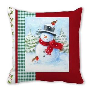 Red Christmas wreath pillow cover featuring cartoon snowman on peach skin fabric