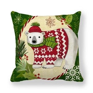 Christmas pillowcase with festive cartoon polar bear in red sweater on white background