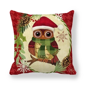 Christmas owl throw pillow cover with red houndstooth border and festive winter motifs