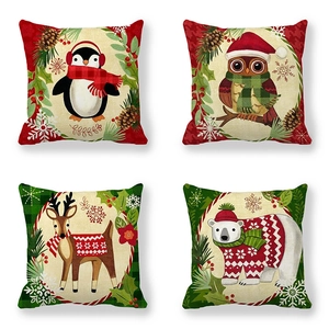 Christmas Throw Pillow Covers Peach Skin Velvet Case Reindeer Polar Bear Owl Penguin Holiday Festive Home Ornament