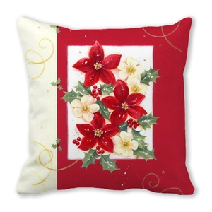 Red Christmas pillow case with cartoon floral wreath and golden ribbon patterns
