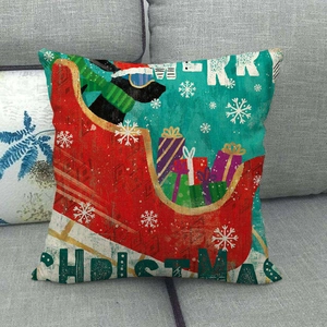 Christmas dog pillow cover in Nordic linen style on a grey sofa with holiday decor