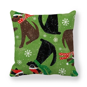 Close-up of peach skin fabric texture on Christmas dog themed green decorative pillowcase