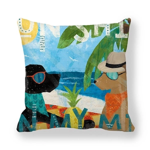 Detail of soft peach skin cushion cover with tropical summer dog and pineapple print