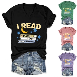 Detailed view of women V-neck t-shirts in four colors with I Read Past My Bedtime slogan