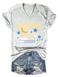 Close-up of I Read Past My Bedtime print on a white V-neck casual t-shirt for women