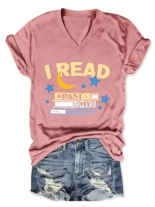 Detail of V-neck short sleeve t-shirt in rose pink with I Read Past My Bedtime print