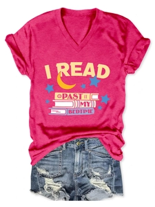 Detail of V-neck T-shirt in magenta with I Read Past My Bedtime graphic and book design