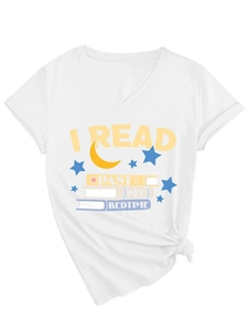 Close-up of V-neck white cotton T-shirt with I Read Past My Bedtime print and book graphic