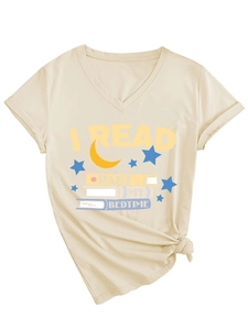 Detail of V-neck cream t-shirt with I Read Past My Bedtime book print and front knot tie