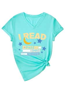 Detail of V-neck mint green t-shirt with I READ PAST MY BEDTIME print and knot detail