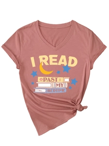 Detail of V-neck t-shirt in dusty rose with I Read Past My Bedtime print and side knot