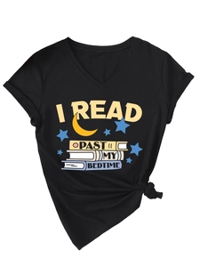 Detail of V-neck T-shirt showing I Read Past My Bedtime print with books and moon graphic