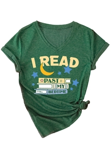 Detail of V-neck T-shirt showing I Read Past My Bedtime print and soft green fabric