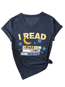 Detail of V-neck navy t-shirt featuring I READ PAST MY BEDTIME print and side knot detail