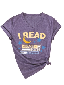 Flat lay of purple V-neck T-shirt with I Read Past My Bedtime text and book graphics