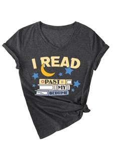 Detail of V-neck grey tee with I Read Past My Bedtime text, stars and book graphic