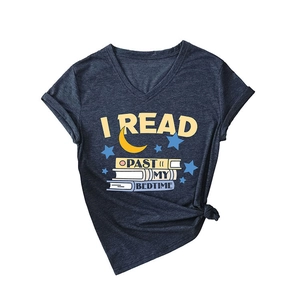 Dark blue V-neck T-shirt featuring I Read Past My Bedtime slogan with colorful graphics