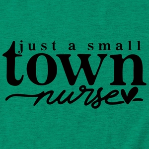 Macro detail of high-quality knit cotton fabric with 'just a small town nurse' print