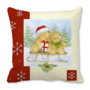Christmas teddy bear on sled illustration pillowcase with red snowflake borders
