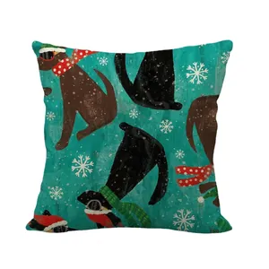 Christmas dog print linen pillowcase in teal with festive scarf patterns and snowflakes