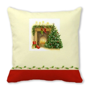 Christmas wreath cushion cover with fireplace and tree print on beige and red fabric