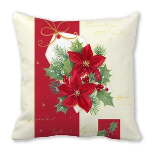 Christmas wreath throw pillow cover featuring red poinsettia and green holly design