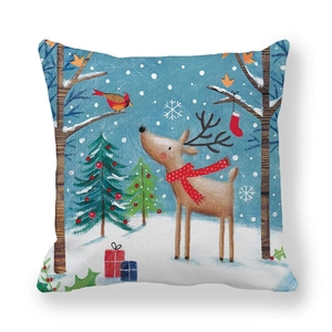 Housse de coussin de Noël avec renne et flocons en tissu peau de pêche bleu décoration