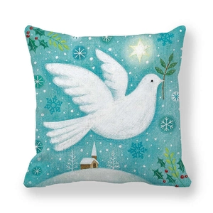 Housse de coussin colombe de Noël avec paysage d'hiver et flocons sur fond bleu