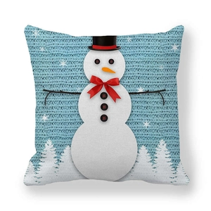 Détail de la taie d'oreiller de Noël carrée avec bonhomme de neige et motif tricot bleu