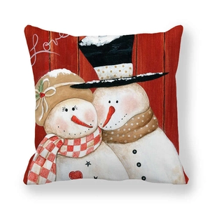 Christmas peach skin pillowcase featuring snowmen illustration on red wood background