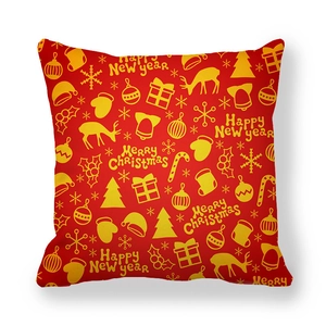 Detailed view of red festive pillowcase with yellow reindeer and Christmas motifs