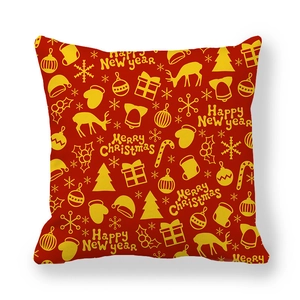 Red Christmas pillow cover with yellow tree and reindeer motifs for festive home decor