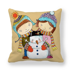 Square snowman peach skin pillowcase with cute children cartoon illustration