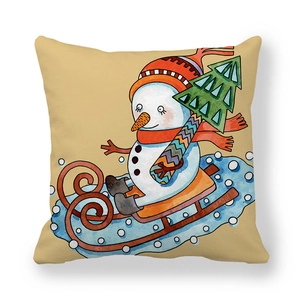 Square peach skin pillowcase featuring a watercolor snowman on a blue sled