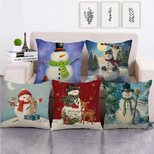 Christmas Snowman Linen Look Polyester Throw Pillow Case Festive Cushion Cover For Sofa Living Room Home Decor