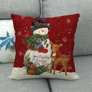 Red Christmas snowman linen pillowcase with animals and 'Your Friendship is a Gift' text