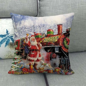 Λεπτομέρεια λινής μαξιλαροθήκης με τρένο Santa Express και εορταστικό χριστουγεννιάτικο δέντρο