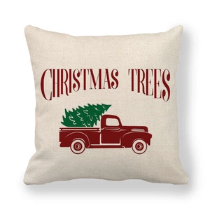 Christmas peach skin pillowcase with vintage red truck and green tree pattern on white