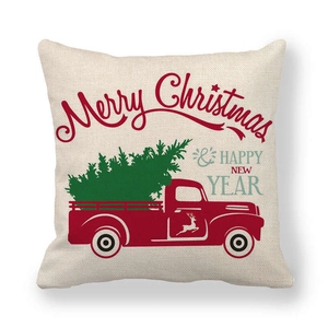 Christmas peach skin pillowcase with vintage red truck and tree on white fabric