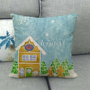 Nordic light blue linen Christmas pillow case with gingerbread house and winter print