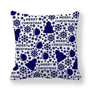 Square Christmas peach skin pillowcase with blue Merry Christmas lettering and snowflake pattern