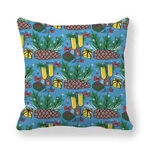 Close-up of festive peach skin pillowcase featuring pine cones and gift box patterns