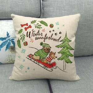 Christmas linen pillow cover with pug illustration and Winter Wooferland typography