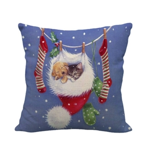Christmas blue linen pillowcase featuring a cute cat and dog in holiday stockings