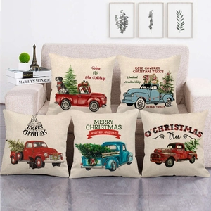 Christmas Pillow Cover Linen Retro Red Truck Pattern Decorative Cushion Case For Sofa Home Holiday Decor Square Pillowcase