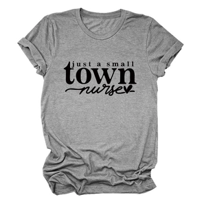 Close-up of grey crew neck t-shirt with black just a small town nurse heart print