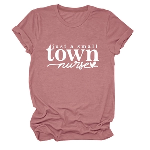 Detail of just a small town nurse text print on dusty rose round neck cotton t-shirt