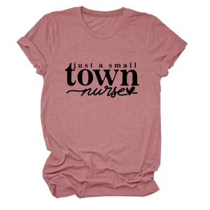 Detail of mauve cotton t-shirt featuring just a small town nurse text and heart print